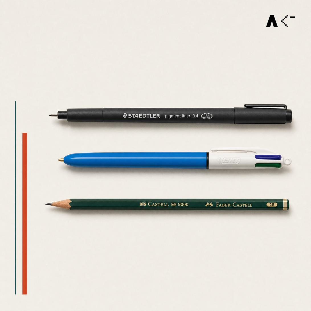 Stylo pigment liner Staedtler, stylo Bic quatre couleurs et crayon Faber-Castell alignés