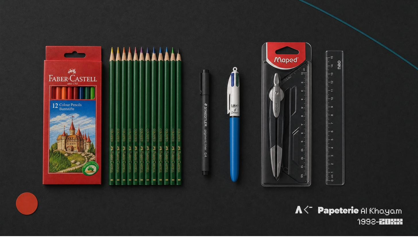 Crayons de couleur Faber-Castell, liner Staedtler, stylo Bic, compas Maped et règle sur fond noir