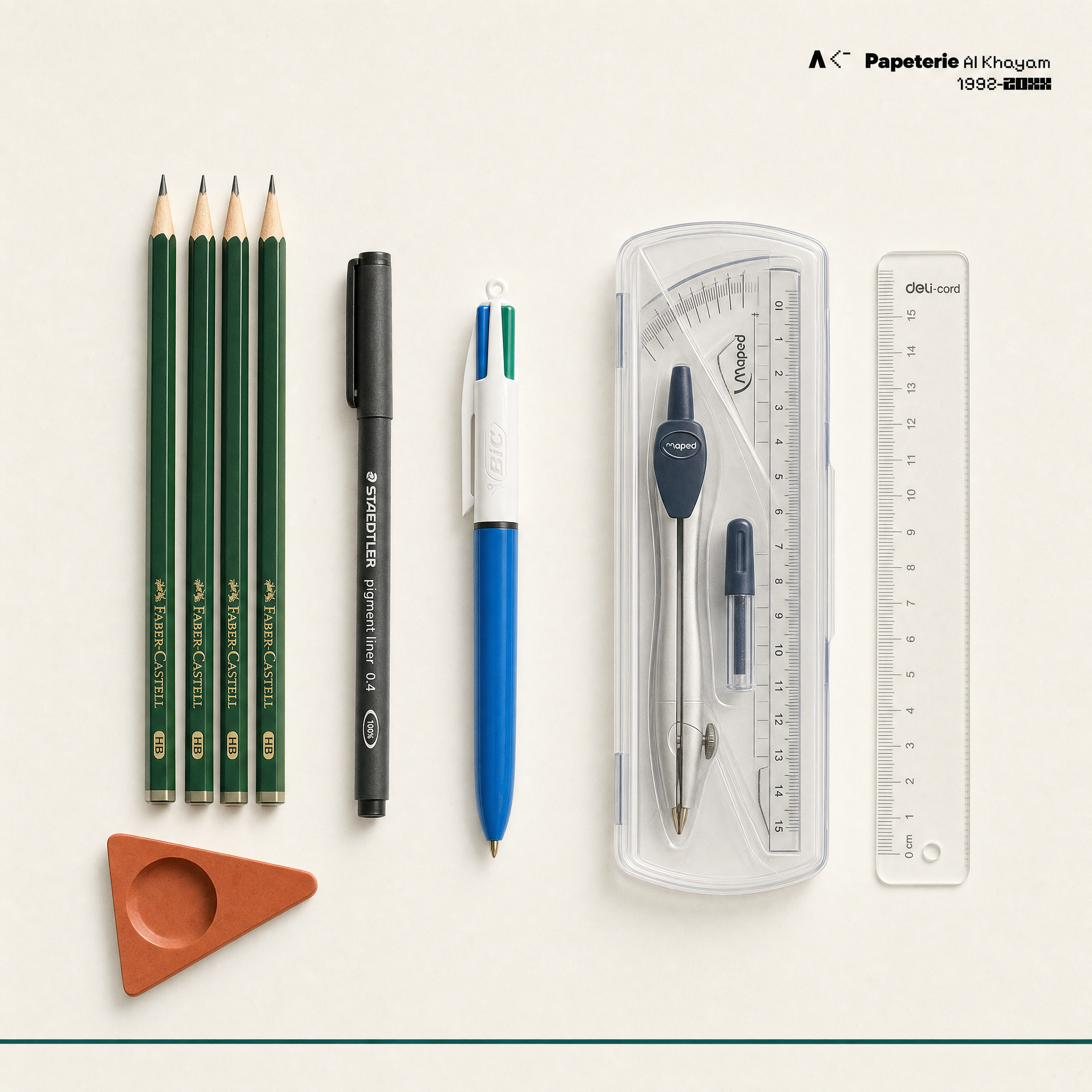 Crayons Faber-Castell HB, liner Staedtler, stylo Bic, boîte de géométrie Maped et règle